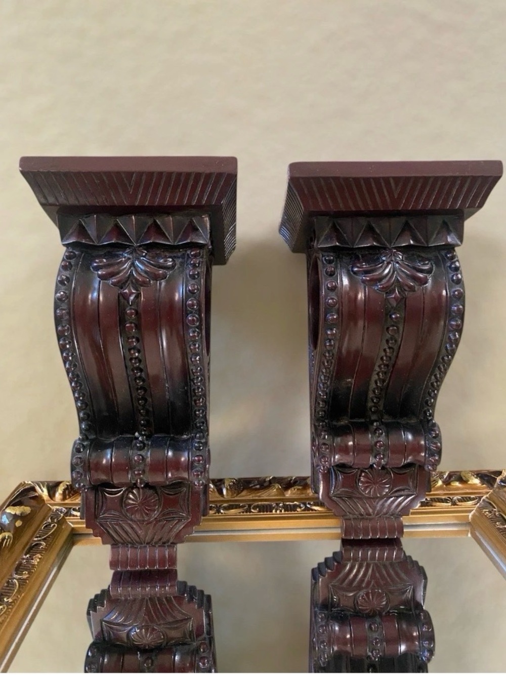 2 Vtg Style Dark Mahogany Color Curtains Holder Wall Corbels Bracelets
